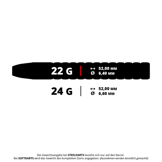 GOAT Fairway V2 Tungsten Steel Darts Das Bild zeigt die Spezifikationen für Steeldarts mit 22 g und 24 g Gewicht. Beide Darts sind 52,00 mm lang, wobei der 22 g Dart einen Durchmesser von 6,40 mm und der 24 g Dart einen Durchmesser von 6,60 mm hat.