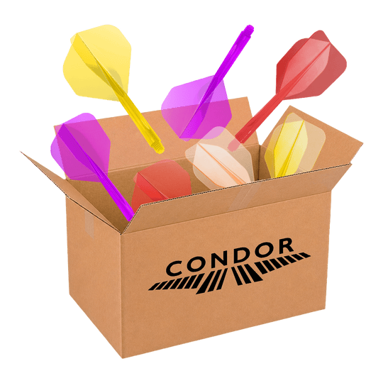 Auf diesem Bild wird die McDart Mystery-Box - Condor präsentiert. Die Box ist für Dartspieler gedacht und enthält spezielle Artikel der Marke Condor.