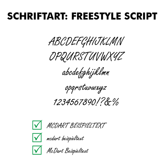 Flightdruck_Schriftart_Freestyle_Scriptng5X5F3EZwPWg Das Bild zeigt 4-seitig bedruckte Flights mit Wunschtext. Die Flights sind in klassischer Form gehalten.