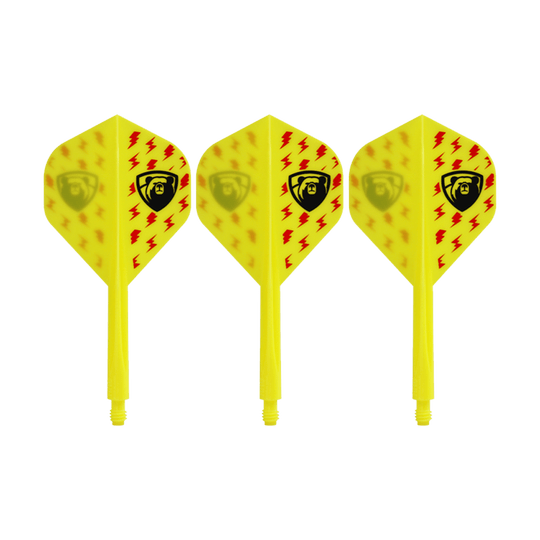 Condor AXE Thunderbolt Yellow Flight-System - Standard Auf dem Bild sind drei gelbe Dart-Flights mit roten Blitzsymbolen und einem schwarzen Bären-Logo zu sehen. Es handelt sich um das Produkt "Condor AXE Thunderbolt Yellow Flight-System - Standard".