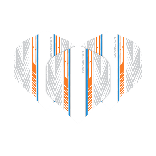 Pentathlon Flights white/orange/blue Das Bild zeigt die Pentathlon White Orange Blue No2 Standard Flights. Sie sind weiß mit auffälligen orangefarbenen, blauen und grauen Linienmustern gestaltet.