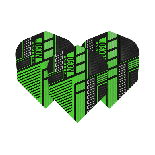 Das Bild zeigt drei Dartflights des Produkts "Harrows Prime NX90 Green". Die Flights sind in einem auffälligen grünen und schwarzen Design mit geometrischen Mustern gestaltet.