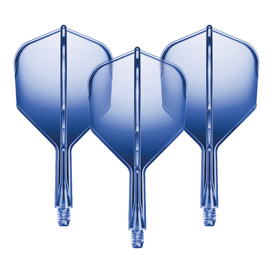 GOAT A1R No6 Flight Shaft System - Blue Auf dem Bild sind drei blaue Dartflights mit kurzen Schäften zu sehen. Sie stehen nebeneinander und haben eine glänzende Oberfläche.