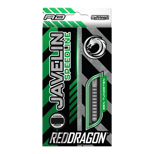 Red Dragon Javelin Speedline steel darts Die Abbildung zeigt die Verpackung der "Red Dragon Javelin Speedline Steeldarts". Die Packung ist grün, schwarz und silber, mit einem Sichtfenster für die Darts und auffälligem Drachen-Logo.