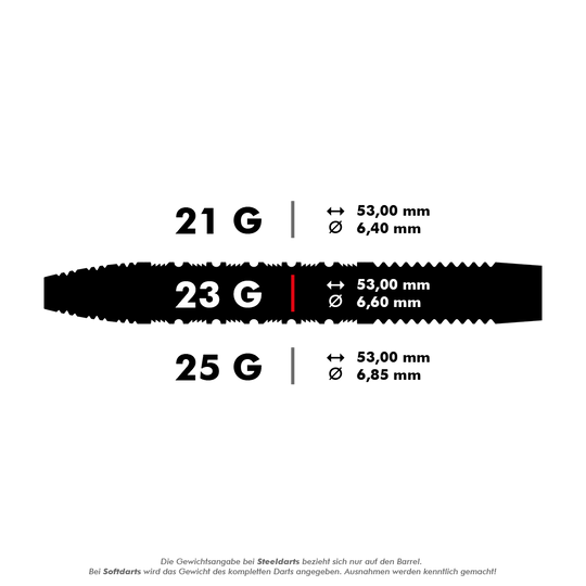 190051_Target_Bolide_01_Swiss_Point_Steeldarts_5_23g Das Bild zeigt die Maße und Gewichte der "Target Bolide 01 Swiss Point Steeldarts". Die Darts sind in 21g, 23g und 25g erhältlich, jeweils 53 mm lang und mit unterschiedlichen Durchmessern.