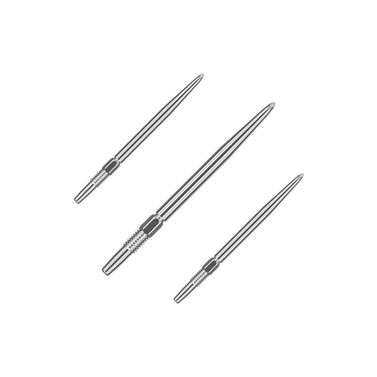 Target Swiss Point Silver dart tips Das Bild zeigt drei silberne Dartspitzen, die nebeneinander liegen. Sie sind lang und haben an einem Ende eine strukturierte Griffzone.