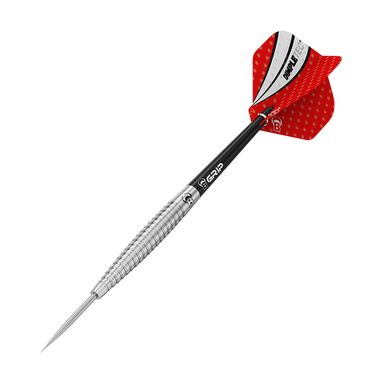 13242_Bulls_Dot_D6_Steeldarts_4 Dieses Bild zeigt den Bulls Dot D6 Steeldart. Der Dartpfeil hat einen silbernen Schaft und rote Flights mit weißen Akzenten.