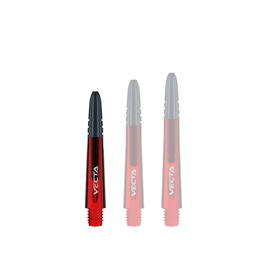 7025-103_Winmau_Vecta_Shafts_Rot_34mm_1p9cBdL0Fj9IIe Das Bild zeigt drei Winmau Vecta Shafts in Rot, die in unterschiedlichen Längen nebeneinander stehen. Die Schäfte sind rot mit schwarzen Spitzen und haben das Wort "Vecta" aufgedruckt.
