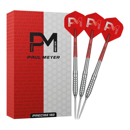Das Bild zeigt die Precise 180 Paul Meyer Version 1 Steeldarts. Ein Satz Steeldarts, ideal für Dartspieler.