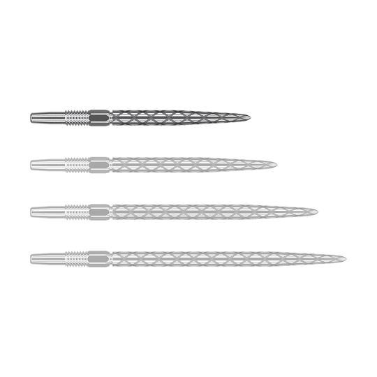 Target Swiss Diamond Pro Silver Points dart tips Das Bild zeigt vier silberne Dartspitzen mit einem rautenförmigen Muster. Sie sind nebeneinander auf weißem Hintergrund angeordnet.