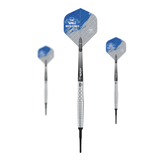 Bulls Martin Schindler Original Generation 2 soft darts Das Bild zeigt drei Softdarts aus der Serie "Bulls Martin Schindler Original Generation 2". Die Darts haben silberne, gerillte Barrels und Flights mit blau-grauem Design.