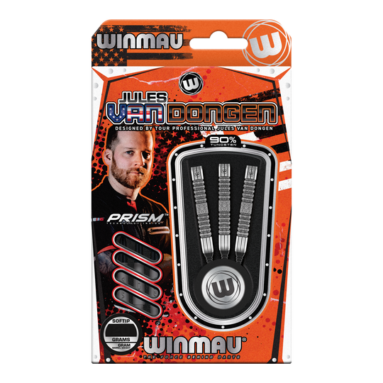 Winmau Jules Van Dongen soft darts - 20g Das Bild zeigt eine Verpackung der "Winmau Jules Van Dongen Softdarts - 20g". In der Packung befinden sich drei Softdarts mit 90% Tungsten.