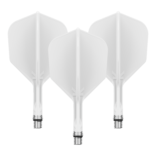 Target K-Shift No6 Flights - White Zu sehen ist ein Flight-Set namens 410540_Target_KShift_No6_Flights_Wei_19mm_1Set. Mehrere weiße Flights sind gemeinsam präsentiert.