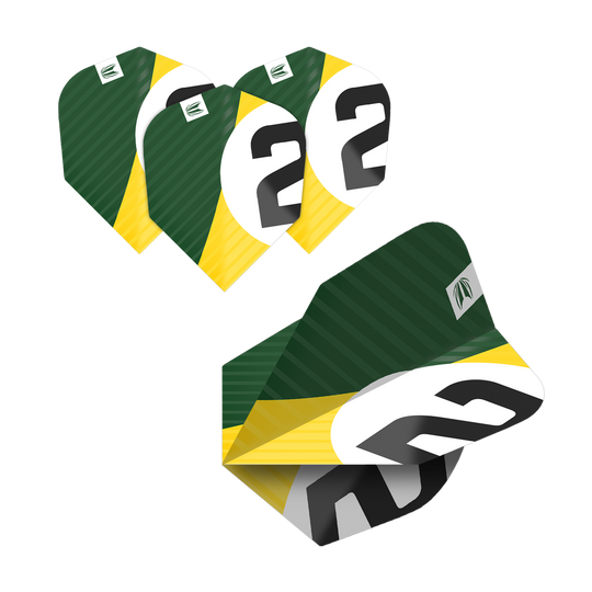Das Bild zeigt fünf Sätze von Dart-Flights mit grün-gelbem Design und einer großen schwarzen Zahl 2 auf weißem Hintergrund. Die Flights gehören zum Produkt "Target Pro Ultra Chicane Multipack No6 Flights - 5 Sets".