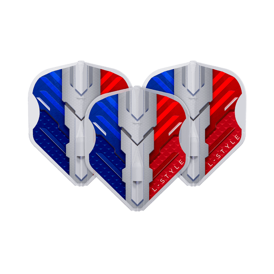 L-Style V-Series V1 Type B France Clear White L1EZ Flights Das Bild zeigt drei Dartflights in den Farben Blau, Weiß und Rot, die die französische Flagge darstellen. Auf den Flights steht der Markenname "L-Style" und sie haben ein modernes, technisches Design.