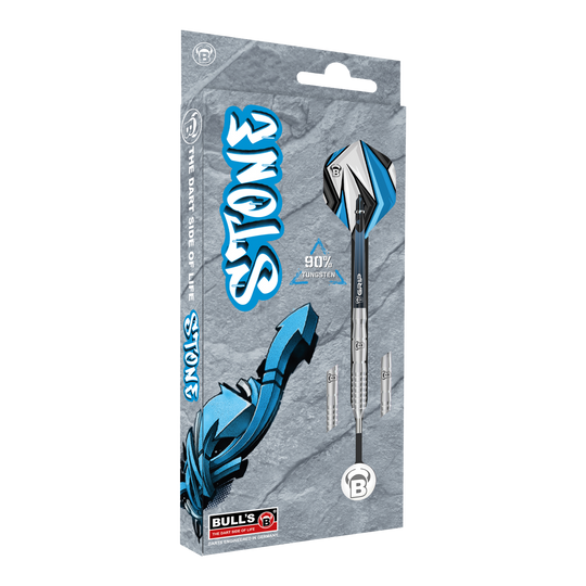 Bulls Stone S2 Steeldarts Die Abbildung zeigt die Verpackung der "Bulls Stone S2 Steeldarts". Die Darts bestehen zu 90% aus Tungsten und sind im Design grau und blau gehalten.