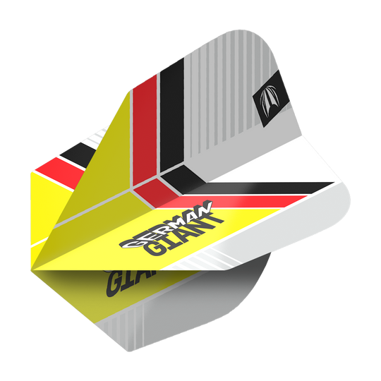 Das Bild zeigt das Produkt "Target Pro Ultra Gabriel Clemens No6 Flights - 3 Sets". Die Dart-Flights haben ein auffälliges Design mit den Farben Gelb, Rot, Schwarz und Weiß sowie dem Schriftzug "German Giant".