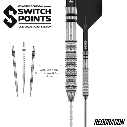Gezeigt werden die Red Dragon Gian Van Veen Tour Edition Switch Point Steeldarts - 21g aus einer anderen Perspektive. Das Design ist sportlich und funktional.