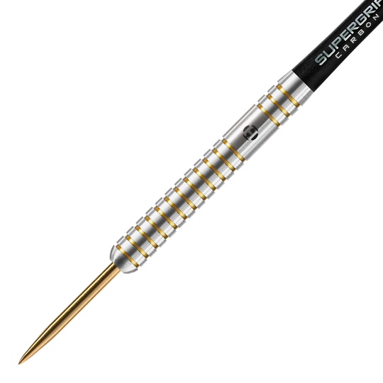 Harrows Anniversary Edition The Original Steeldarts Das Bild zeigt einen Harrows Anniversary Edition The Original Steeldart. Der Dartpfeil hat ein silbernes Barrel mit goldenen Rillen und einer goldenen Spitze.