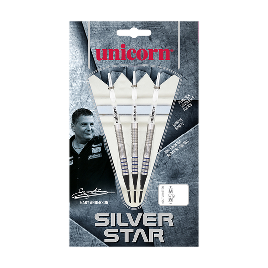 Das Bild zeigt eine Packung „Unicorn Silver Star Var.2 Gary Anderson Softdarts“. Auf der Verpackung sind drei Softdarts und ein Foto von Gary Anderson abgebildet.