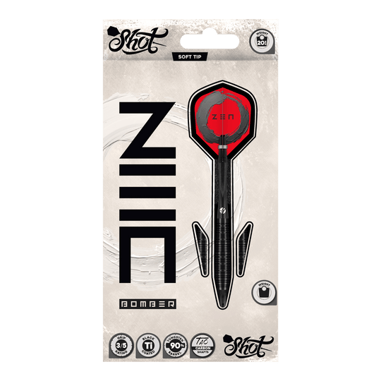 Shot ZEN Bomber soft darts - 20g Hier sieht man die Shot ZEN Bomber Softdarts - 20g. Die Softdarts sind für präzises Werfen und einen sicheren Halt konzipiert.