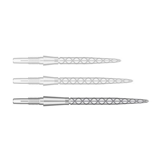 Target Swiss Storm Diamond Point Dart Tips - Silver Das Bild zeigt drei silberne Dartspitzen mit einem Rautenmuster auf der Spitze. Sie sind nebeneinander und parallel ausgerichtet.