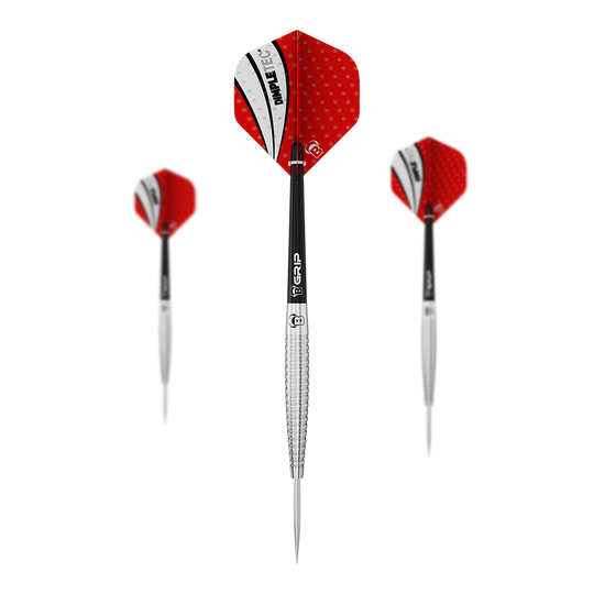Bulls Dot D6 steel darts Das Bild zeigt drei Steeldarts mit roten Flights und silbernen Spitzen. Die Flights haben ein weiß-schwarzes Muster mit dem Aufdruck "PIMPLETEC".
