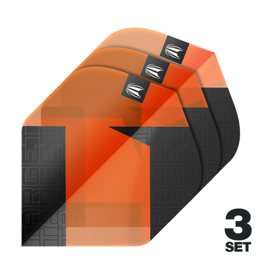 Target Pro Ultra TAG Orange No2 Standard Flights - 3 sets Das Bild zeigt drei orangefarbene Standard Flights für Darts mit schwarzem Muster. In der rechten unteren Ecke steht "3 SET".