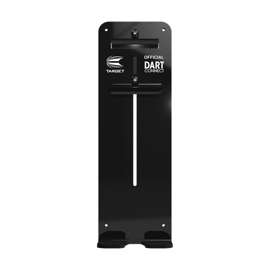 Die Abbildung zeigt die "Target Tablet Wandhalterung" in schwarzer Farbe. Sie ist als offizielle Dart Connect Halterung gekennzeichnet und dient zur Befestigung eines Tablets an der Wand.