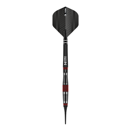 Red Dragon Marlin Venom Soft Darts - 22g Das Bild zeigt einen Red Dragon Marlin Venom Softdart mit einem Gewicht von 22g. Der Dart hat ein modernes Design mit schwarzen und roten Akzenten.