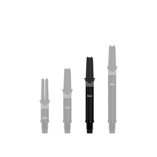 L-L-Style-Shafts Silent Straight - Black Das Bild zeigt drei schwarze Dartschäfte in unterschiedlichen Längen. Sie stehen nebeneinander auf einem transparenten Hintergrund.