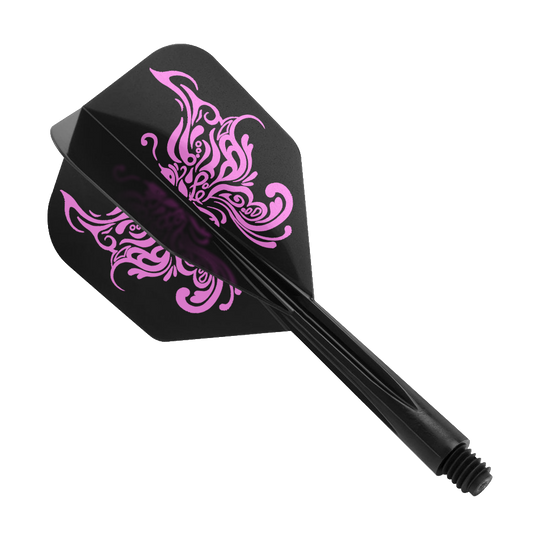 Das Bild zeigt einen schwarzen Dartflügel mit einem tribalartigen, rosa Schmetterlingsmuster. Das Produkt heißt "Condor AXE Tribal Butterfly Black Small".
