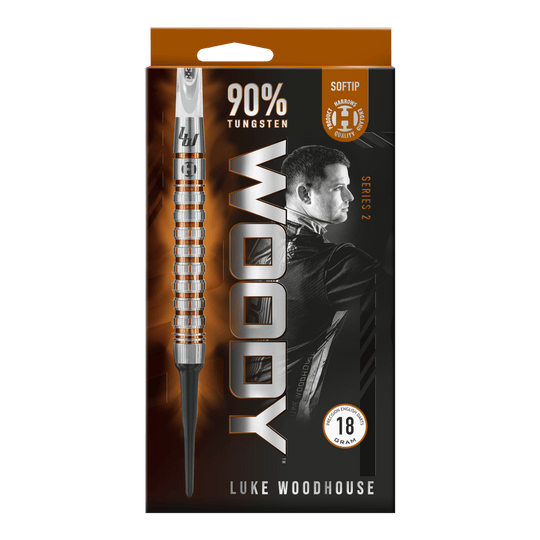 Die Verpackung zeigt die Harrows Luke Woodhouse Series 2 Softdarts mit einem Gewicht von 18 Gramm. Auf der Vorderseite ist ein großes Bild eines Softdarts sowie das Porträt von Luke Woodhouse abgebildet.