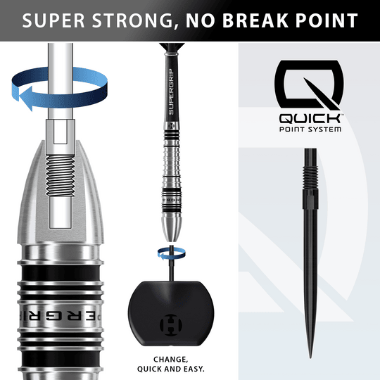 Harrows Supergrip Bomb Quick Point Steel Darts Auf dem Bild sieht man die Harrows Supergrip Bomb Quick Point Steeldarts. Diese Darts sind ideal für ambitionierte Dartspieler.