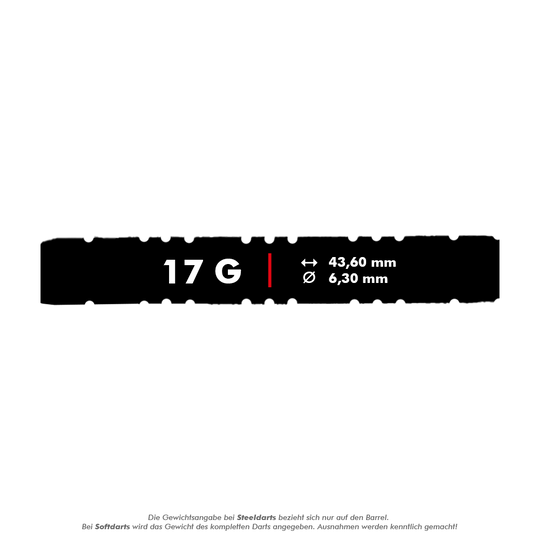 McDart 85 Tungsten V2 soft darts - 17g Das Bild zeigt die Produktdaten für die McDart 85er Tungsten V2 Softdarts mit einem Gewicht von 17 Gramm. Die Darts haben eine Länge von 43,60 mm und einen Durchmesser von 6,30 mm.