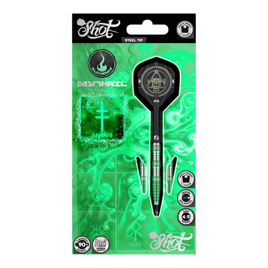 Shot Alchemy Mythril steel darts Dieses Bild zeigt die Shot Alchemy Mythril Steeldarts. Das Design der Steeldarts ist detailliert und modern.