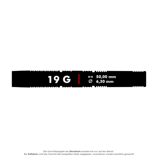 Target Gabriel Clemens 95K soft darts - 19g Das Bild zeigt Angaben zum Produkt "Target Gabriel Clemens 95K Softdarts - 19g". Der Dart wiegt 19 Gramm, ist 50,00 mm lang und hat einen Durchmesser von 6,30 mm.