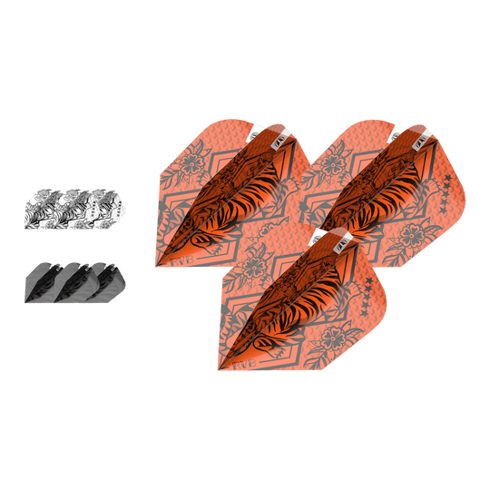 Target Ink Bundle 3 Sets Raymond Van Barneveld Ten-X Flights Das Bild zeigt drei verschiedene Sets von Raymond Van Barneveld Ten-X Dartflights. Die Flights haben auffällige Muster in den Farben Orange, Schwarz und Weiß.