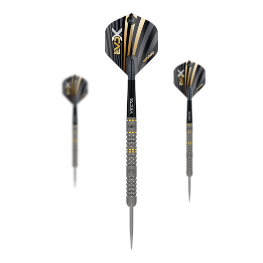 Winmau Michael Van Gerwen Evo-X steel darts Das Bild zeigt drei Winmau Michael Van Gerwen Evo-X Steeldarts mit schwarzer und goldener Optik. Die Darts haben ein modernes Design und sind in einer Vorder- und zwei Seitenansichten dargestellt.