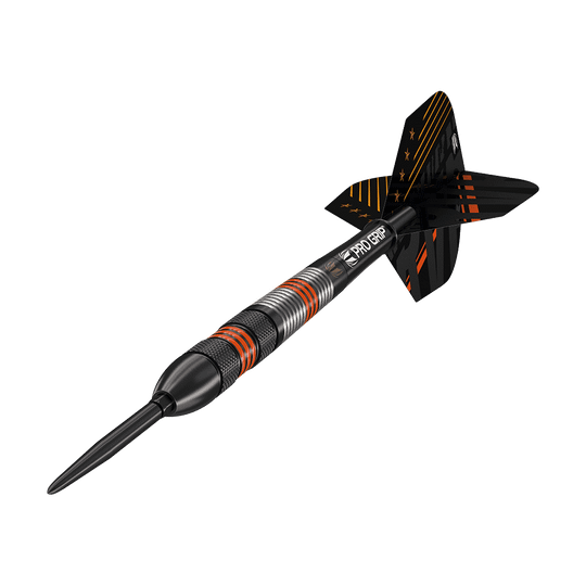 190212_Target_Raymond_Van_Barneveld_80_Black_Swiss_Point_Steeldarts_4 Dies ist ein schwarzer Steeldart mit roten und silbernen Ringen am Griff. Die Flight ist schwarz mit orangefarbenen Streifen und kleinen Sternen.