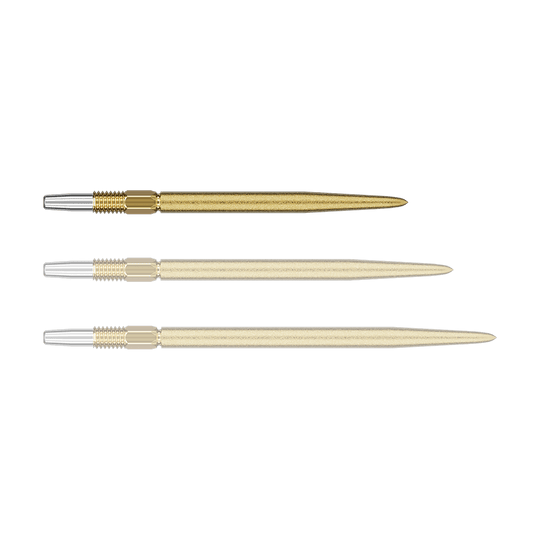 Das Bild zeigt drei goldene Dartspitzen mit silbernem Gewinde. Die Dartspitzen sind in unterschiedlichen Perspektiven angeordnet.