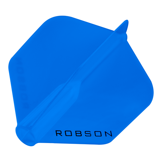 Das Bild zeigt einen blauen Dartflight mit der Aufschrift "ROBSON". Der Flight hat eine standardmäßige sechseckige Form.