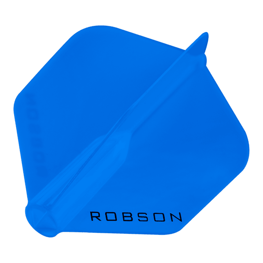 Robson Plus Standard Flights Das Bild zeigt einen blauen Dartflight mit der Aufschrift "ROBSON". Der Flight hat eine standardmäßige sechseckige Form.