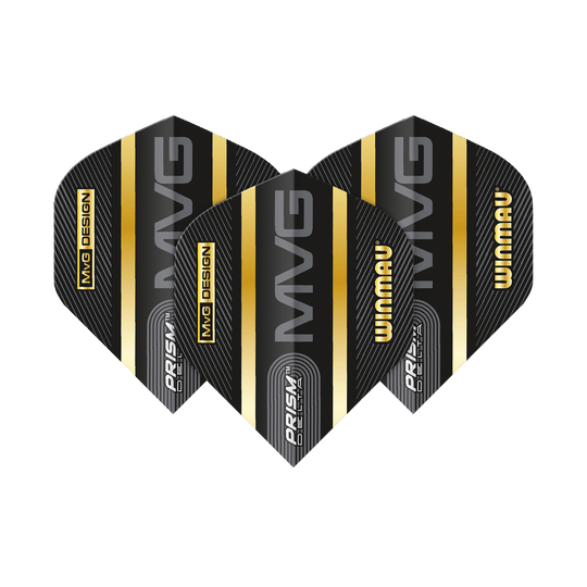 Das Bild zeigt drei Winmau Prism Delta MvG Standard Flights für Darts. Die Flights sind schwarz mit goldenen und silbernen Streifen sowie mit den Aufdrucken "MVG", "WINMAU" und "PRISM DELTA".
