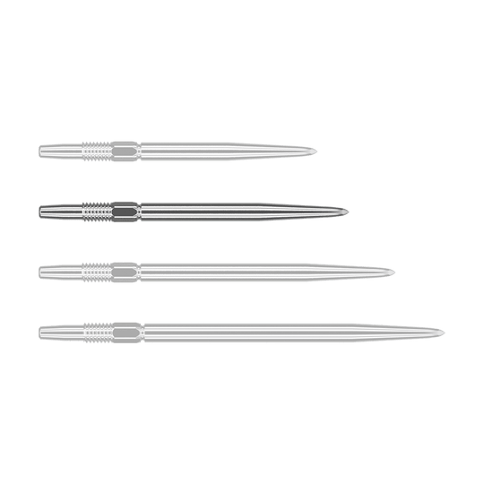 Target Swiss Point Silver dart tips Das Bild zeigt vier silberne Dartspitzen, die nebeneinander liegen. Sie sind lang, schmal und haben ein geriffeltes Stück am oberen Ende.