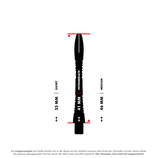 Das Bild zeigt einen 41 mm langen Aluminiumschaft für Darts, der als "Intermediate" gekennzeichnet ist. Die rote Markierung deutet darauf hin, dass das Gewinde bei der Längenangabe nicht mit eingerechnet wird.