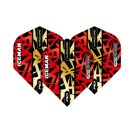 Das Bild zeigt drei Dartflights in den Farben Rot, Gold und Schwarz mit auffälligem Muster. Auf den Flights stehen die Wörter "ICEMAN", "HARDCORE" und "RD PRO DESIGN".