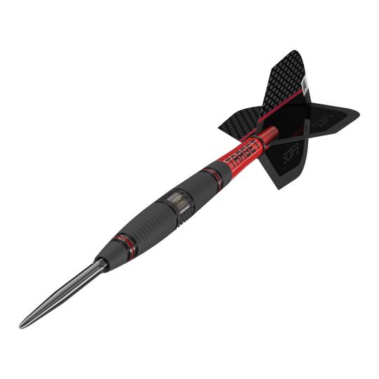 Target Scope 04 Swiss Point steel darts Das Bild zeigt den Target Scope 04 Swiss Point Steeldart. Der Dart hat ein schwarz-rotes Design mit geriffeltem Griff und einer metallischen Spitze.