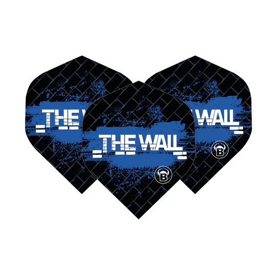 Bulls B-Star Martin Schindler Black Blue No2 Standard Flights Das Bild zeigt drei schwarze Dart-Flights mit blauen Akzenten und der Aufschrift „THE WALL“. Es handelt sich um die Bulls B-Star Martin Schindler Black Blue No2 Standard Flights.