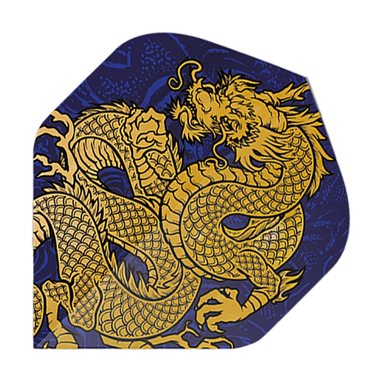 Pentathlon Flights Dragon blue Das Bild zeigt ein Dart-Flight mit einem goldenen Drachenmotiv auf dunkelblauem Hintergrund. Es handelt sich um das Produkt "Pentathlon Dragon 4 Standard Flights".